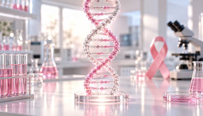 مارپیچ DNA و روبان صورتی در آزمایشگاه ژنتیک مرتبط با ژنهای BRCA
