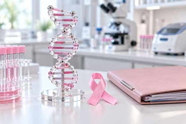 مدل مارپیچ DNA و روبان صورتی در محیط آزمایشگاه ژنتیک پزشکی