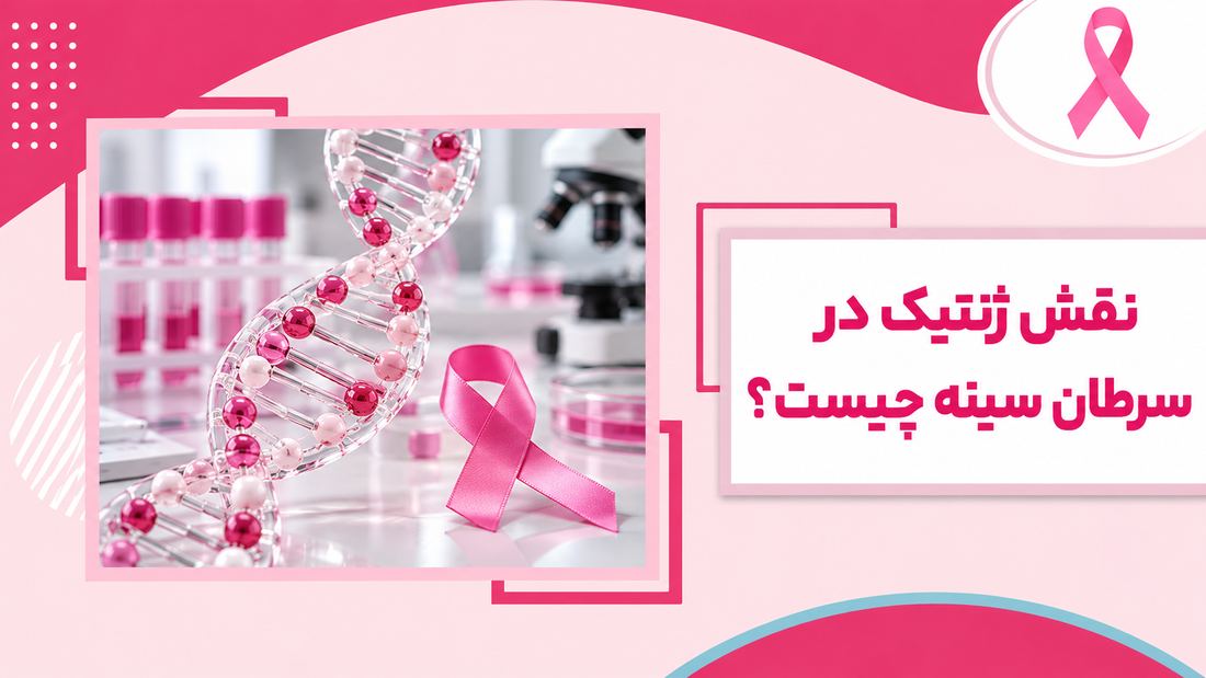 تصویر شاخص نقش ژنتیک در سرطان سینه با مارپیچ DNA و روبان صورتی